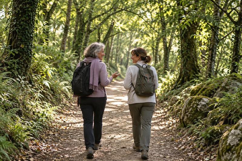 Deux femmes qui se parlent en marchant sur un sentier sous les arbres, image d'ambiance