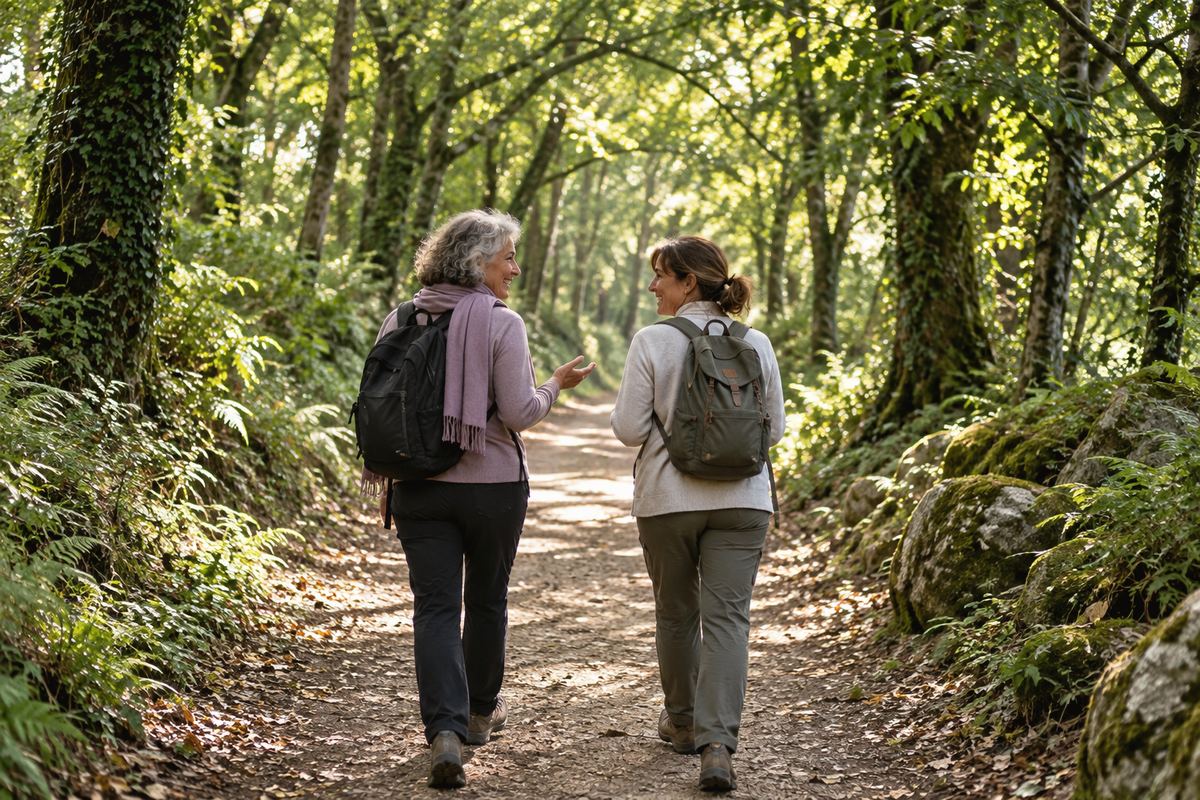 Deux femmes qui se parlent en marchant sur un sentier sous les arbres, image d'ambiance